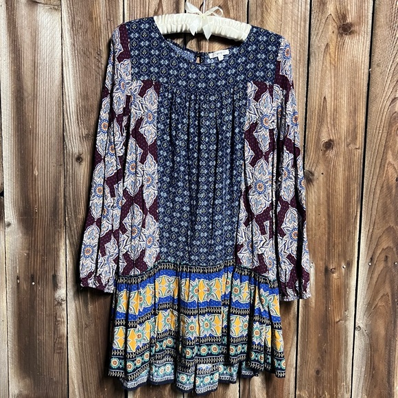 JODIFL Maroon, Blue, Orange Flowy Floral Boho Coastal Cowgirl Trapeze Dress Sz S - Picture 1 of 6